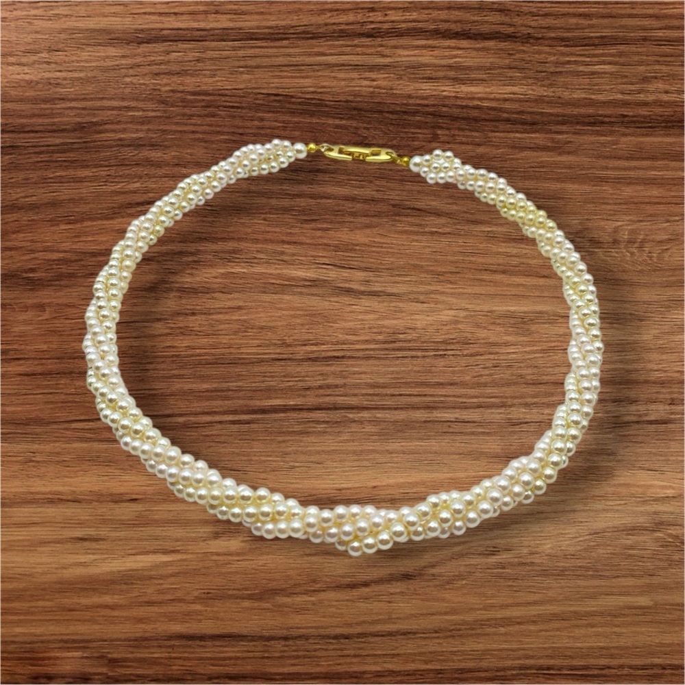 Vintage Napier Faux Pearl 4 Stranded Twisted Choker Necklace Gold Tone Clasp